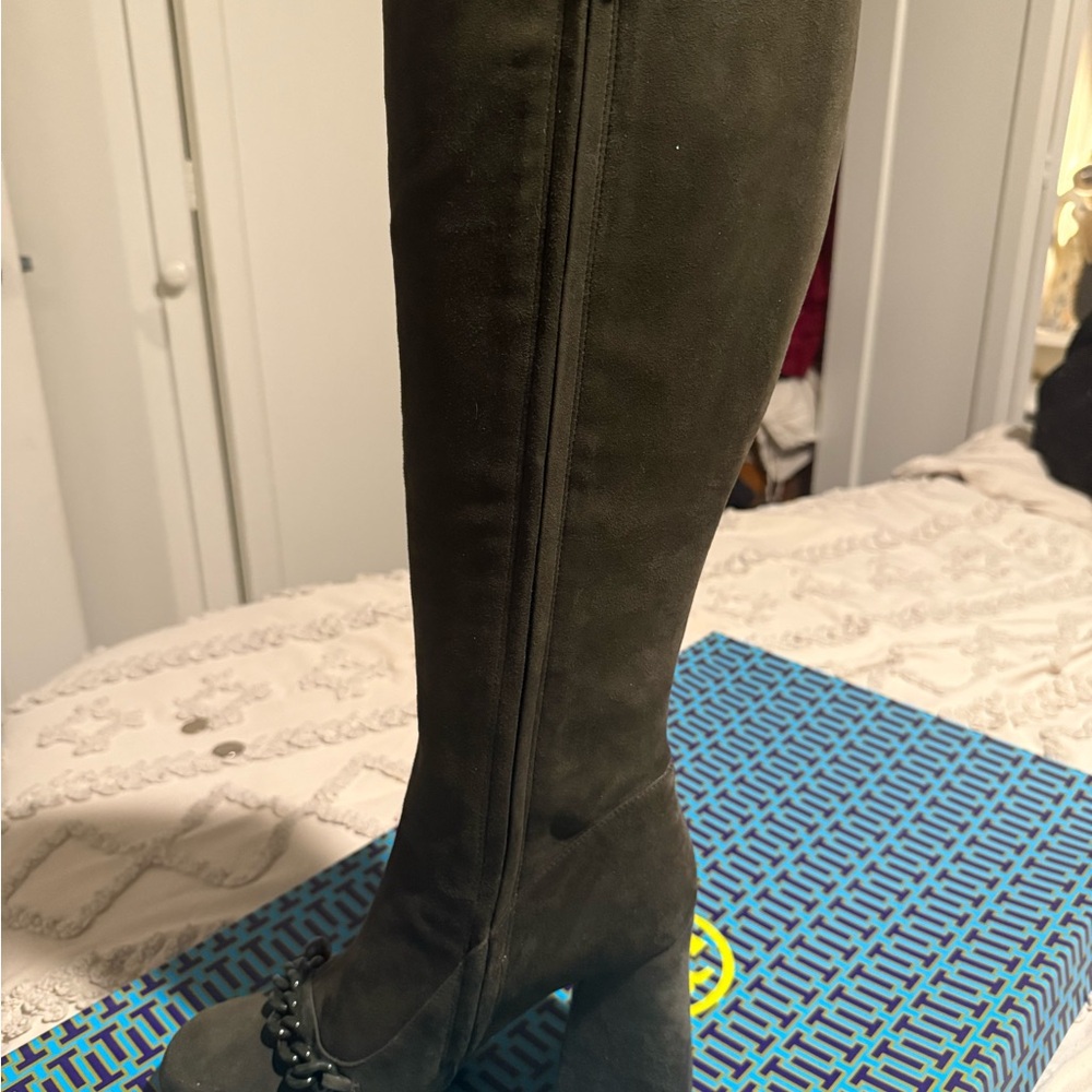 Tory Burch Addison Suede Olive Square Heeled Knee-high Boots with Chain 10.5M - Picture 6 of 15